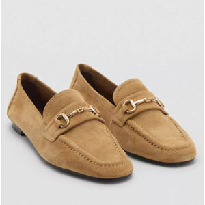 Mango Camel Suede Loafers with Gold Chain Detail